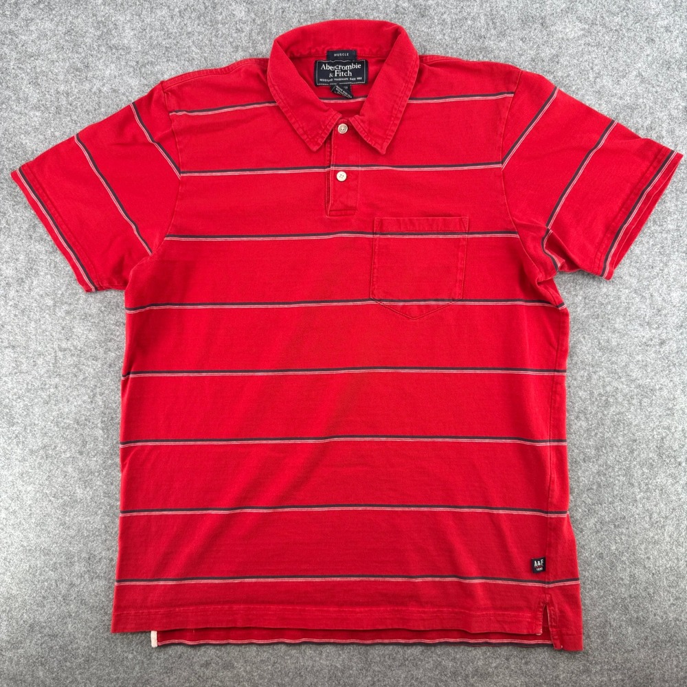 VTG Y2K Abercrombie & Fitch Polo Shirt Mens L Muscle Fit Red Striped Pocket EUC
